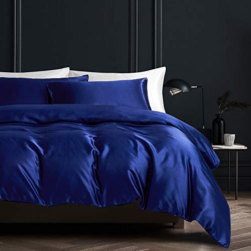 Boqingzhu Satin Bettwäsche Marine Blau 220x240cm Uni Glatt Glanzsatin Seide Luxus Bettwäsche Set Bettbezug und 2 Kissenbezüge 80x80cm mit Reißverschluss