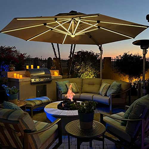 PURPLE LEAF Sonnenschirm Rund 365 cm mit LED Groß 6 Verstellbar, Beige | Ampelschirm Großflächiger Sonnenschutz, 8 LED-Schirmstreben, Aluguss-Griff, Einfaches Öffnen, Rostfreier Alurahmen