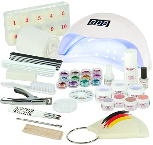 NAILS FACTORY N&BF UV Gel Starterset Soft Nudes für Gelnägel Weiß | Nailart Gelnagelset + UV/LED Lampe | Gelen | Farbgele & viel Zubehör | Starter Set | Mobiles Nagelstudio Gelnägelset White
