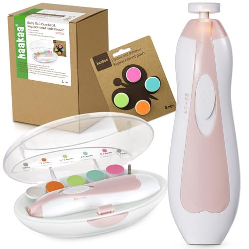haakaa Baby Nageltrimmer Elektrisch Baby Nagelknipser Set für Neugeborene, Kleinkinder oder Erwachsene Fingernagel- und Zehennagelpflege, Baby Nagelpflege Set & Extra 4 Ersatzpads Kombination, Rosa