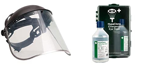 Portwest Face Shield Plus, Size: One Size, Colour: Clear, PW96CLR & Safety First Aid Group HypaClens Eye Wash Station Cabinet Wall-Mounted with 2 x 500 ml Eye Wash Bottles