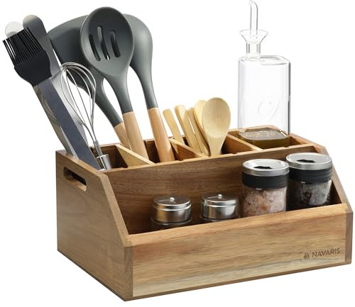 Navaris Acacia Wood Cutlery Holder - Kitchen Utensil Cutlery Organiser or Condiment Holder - Wooden Cutlery Trays to Store Condiments, Utensils, and More
