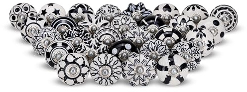 FURNISHFUL FINESSE Verschiedene schwarze Keramik-Schrankknöpfe für Schubladen, Küchenschränke, Schränke, Boho-Stil, mehrfarbig, dekorative Möbelbeschläge, Kommoden, Schubladen, 30er-Set