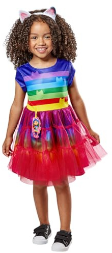 Rubies Gabbys Dollhouse Rainbow Kostüm für Mädchen, Regenbogenkleid mit bedruckten Details und Haarreif mit Ohren, offizielles Gabby Dollhouse für Karneval, Weihnachten, Geburtstag, XXS (3-5 Jahre)
