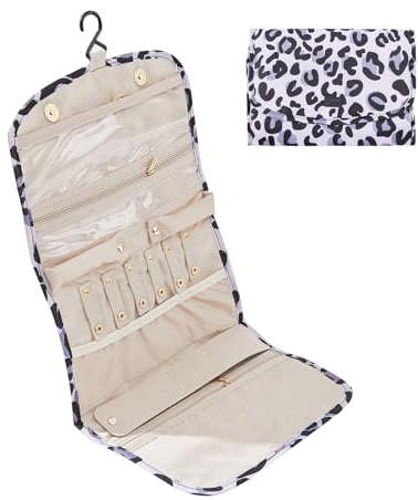Periea 'Cleo' Organisateur de Bijoux en Rouleau de Voyage – Boucles d’oreilles portables, Collier et Bagues Protecteur de Pochette (Léopard Argenté, Grand)