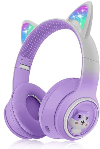 Woukksy Auriculares Niños,Auriculares Bluetooth para niños sin Cable,con Orejas de Gato LED,supraaurales con limitador de Volumen de 85 dB,Plegables,para Tableta,teléfono móvil,Ordenador y Escuela