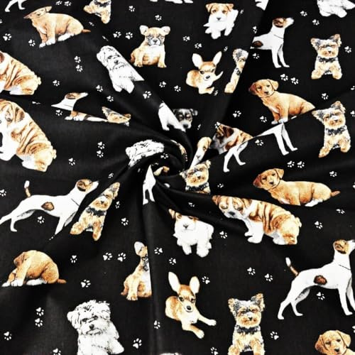 Textrend Baumwollstoff Meterware - Stoff zum Nähen - 100% Baumwolle - Textilien 1x1.6m - Stoffe Meterware - Katzen und Hunde Muster (Beige und weiße Hunde auf schwarzem Hintergrund)