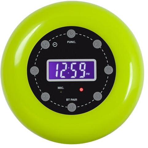HANNLOMAX HX-159CR Shower Clock Radio, PLL FM Radio, Bluetooth with Hand-Free Function, LCD Display, Waterproof (IPX4), Built-in Li-ion Rechargeable Battery, Unique Suction Cup Design. (Green)