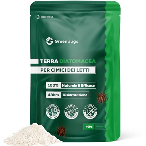 GREENBUGS Terre de Diatomée Punaises de Lit - 400g Poudre Non Calcinée et Amorphe - 100% Naturelle et Non Toxique - Haute Pureté Fabriquée en France