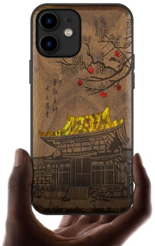 Carveit Coque Compatible avec iPhone 11 Étui en Bois Cover [Gravure en Bois et Incrustation de Coquille] Case pour 11 Coque Premium (Noyer-Temple Traditionnel)