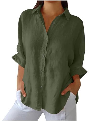 Chemisiers Coton et Lin pour Femme Cardigan à Boutons Légers Manches Longues Chemise Col à Revers D'été Automne Décontractés avec Boutonné Blouse de Travail Couleur Unie Haut Top Ample T-Shirts