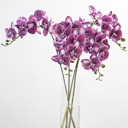 DUYONE Flores artificiales de orquídea mariposa de 35 pulgadas, 4 piezas de orquídeas falsas de tacto real, plantas de tallo para decoración del hogar de boda (morado profundo, 4 piezas