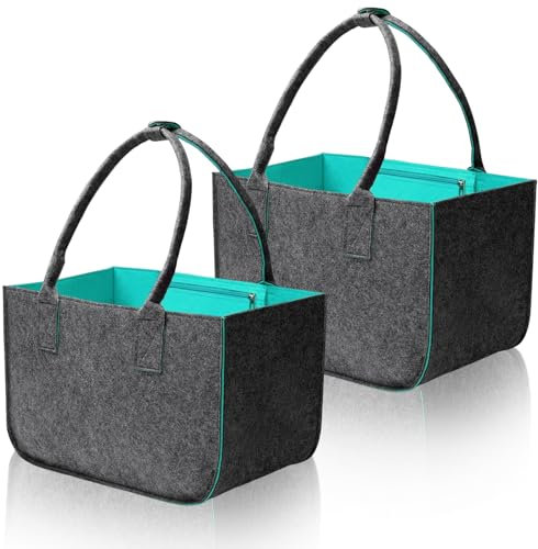 Raxfekro 2 Stück Filztasche Einkaufstasche, 30L Filz Einkaufstasche Groß Faltbar, Filz Shopping Bag, Große Multifunktionale Filztasche für Einkaufen, Ausgehen, Aufbewahrung 40x27x27cm, Grau-Grüne