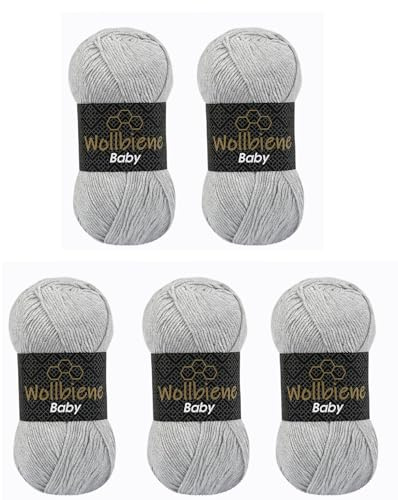 5 x 100g Strickgarn Wollbiene Baby Best Uni, Antipilling Strickwolle Häkelwolle (silber grau 28)