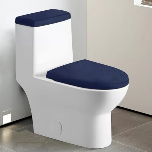 2 PCS Toilet Tank Lid Cover, Stretch Velvet Toilet Lid Seat Cover Set, Elastic Wear Resistant Toilets Lid Covers Machine Wash for Bathroom Home (Navy Blue)