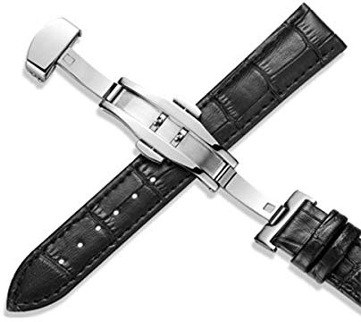Watch straps,Stainless Steel Butterfly Clasp Universal Leather Watch Strap 12-24mm(Black,18mm)