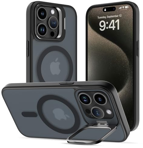 Cover Magnetica per iPhone 15 Pro Max con Cavalletto, Compatibile con Magsafe, Supporto per la Fotocamera Integrato Custodia, Militare Antiurto Sottile Protettiva Traslucida Glassata Case, Nero