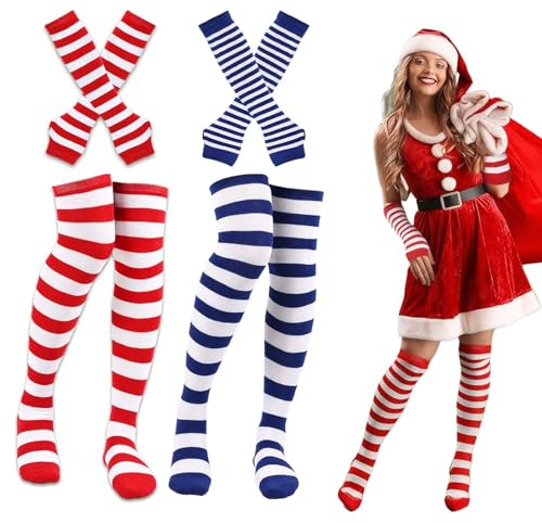 Unisexo Alta Calcetines Largos Raya Extra Fino Mujer Calcetines y Guantes a Rayas para Niñas y Mujeres - Conjunto de Calcetines de Halloween y Guantes Sin Dedos a Rayas Rojas y Blancas para Niñas.