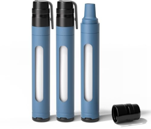 Joypur Filtro dell'acqua per esterni con finestrella di sopravvivenza – Filtro dell'acqua personale con capacità di filtro da 3000 l, filtro acqua potabile per attività all'aperto (Blu * 3)