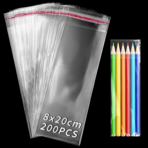 TXXATX Cellophantüten Selbstklebend 200 Stk Plastiktüten Selbstklebend 8x20 cm Lange Zellophanbeutel Klare OPP Tütchen Wiederverschließbare Klebeverschluss Taschen für Kerzentüten Halskette Nüssen