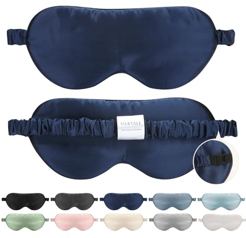 SILKTALE Masque de Sommeil/Nuit/Yeux en Soie Réglable pour Hommes et Femmes,19MM 100% de Mûrier Avec Sangle Recouverte de Soie, Bleu marine