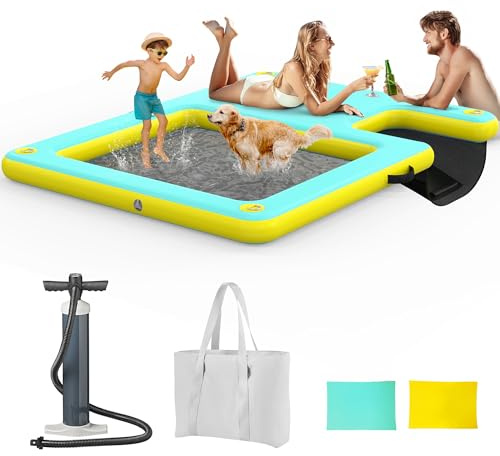 Inflatable Dock Floating Platform, 8FT x 6FT Inflatable Water Hammock w/Ladder, Thickened Dog Pool Ramp, Non-Slip Water Ramp Mat Floating Pool Float Island Raft Lounger for Lakes, Beach, Pools