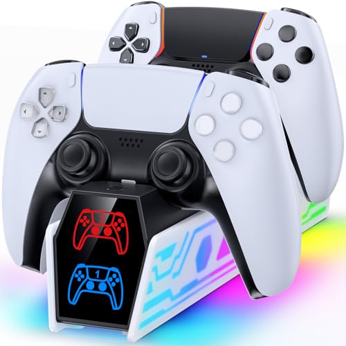 Chargeur Manette PS5, Station de Charge PS5 pour Manette Original & Edge avec Mode d’éclairage LED et RGB, Support de Station de Charge de Manette Rapide pour PS 5