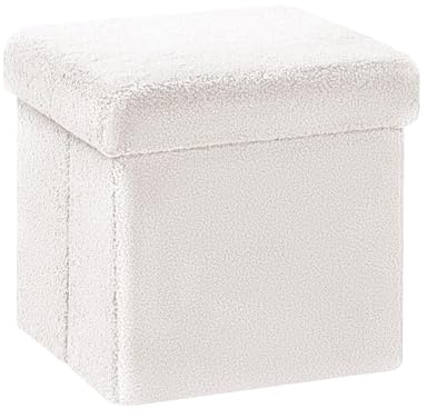 PINPLUS Faltbarer Bouclé Hocker mit Stauraum – Kleiner gepolsterter Sitzwürfel als Aufbewahrungsbox & Fußhocker für Wohnzimmer, Schlafzimmer, Flur, 30x30x30 cm, Cremeweiß