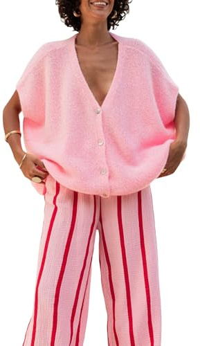 Damen-Strickjacke, einfarbig, Knopfleiste, leicht, kurzärmelig, V-Ausschnitt, Strickpullover, lockere Outwear, Jacke, Tops, A-Pink, XL