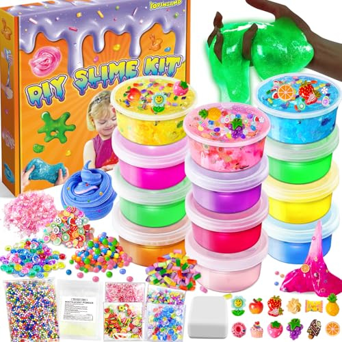 12 Farben DIY Schleim Kit, Slime Making Kit für Mädchen, Clear Slime | Glow in the Dark Slime mit Add-Ins Schaumstoffkugeln, Charms, Glitter, Geschenk-Spielzeug für Kinder