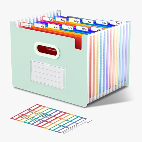 ThinkTex File Organiser, 12 Pockets Expanding File Folders, Upright and Open Top, Portable Monthly Bill Receipt Organiser, Colorful Tabs, Letter/A4 Size - Morandi Green