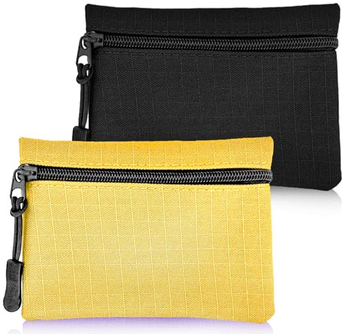 2 Pcs Oxford Cloth Coin Purse, Zipper Small Portable Mini Pouch for Women Men Girls Boys (Black+Yellow)