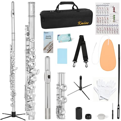 Kmise Closed Hole C Flute, Responsive Flute Instrument, Premium and Durable Flutes with Gig Bag, Collapsible Stand, Beginner's Guide, Cleaning Kit - Effortless for Beginners, Students (Nickel Plated)