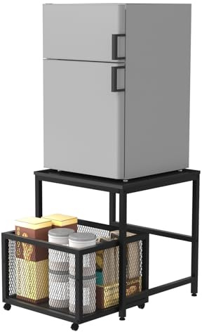 FAHKNS Mini Fridge Stand 19.7 Inch Square Mobile Mini Fridge Cart with Storage Drawer Basket Heavy Duty Fridge Cart, Large Capacity Storage Beverage Refrigerator Table, Black