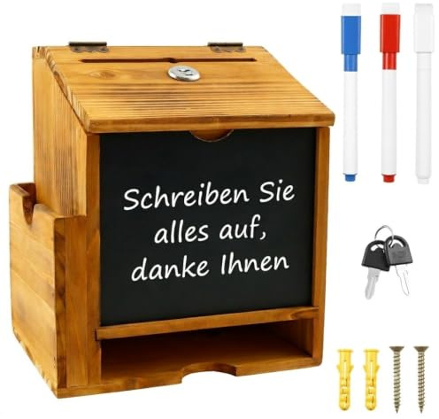 JUNFEIFLUX Vorschlagsbox Holz mit Schloss, Spendenbox Abschließbar | Briefkasten Holz mit Tafelstift und Schlitz. Für Wohnung, Restaurant, Kirche, Büro, Krankenhaus.