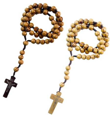 Funver 2 Pcs Collar de Rosario con Cruz Católica, Cuentas de Oración de Madera Natural, Hecho a Mano Joyería Religiosa con Cruz para Comunión y Bautismo Misa, Biblia
