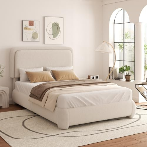 viplov Polsterbett 90 x 200cm,Einzelbett,höhenverstellbarem Kopfteil Bettrahmen,Bett mit Lattenrostmit,Teddystoff,Geeignet für Schlafzimmer,beige