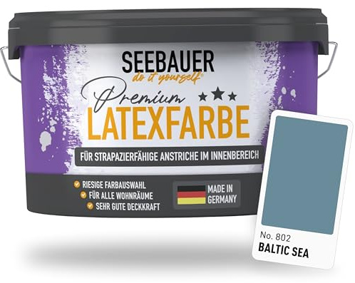 SEEBAUER diy Latexfarbe Blau für Innen 5L (No. 802 Baltic Sea) - Seidenmatte Innenfarbe für Putz, Beton & Mauerwerk - Abwaschbare Wandfarbe für Küche & Bad