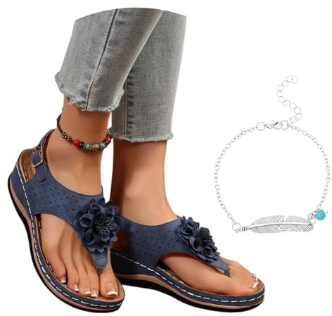 LDXEQIZ Chanclas Retro for Mujer con Flores Cómodas Sandalias Ortopédicas con Separador De Dedos Flip-Flops De Cuero PU De Verano 2026 Sandalias De Pies Anchos con Soporte for El Arco(Blue,36 EU)