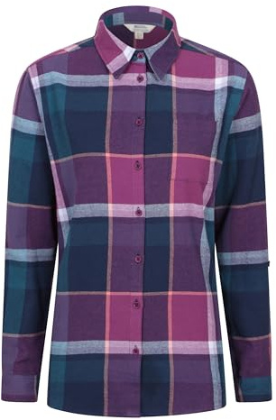 Mountain Warehouse Balsam Brushed Longline Flannel Long Sleeve Womens Shirt - Breathable Checked Shirt, Antipill, Lightweight Ladies Top, Warm - Spring Summer Purple Women's Size 14