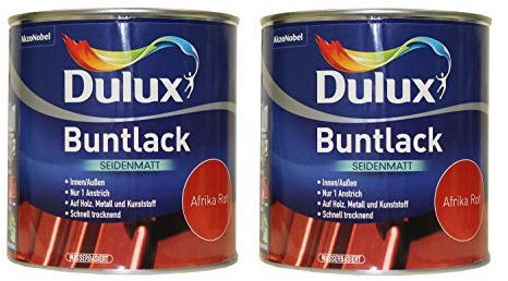 2 x 500ml Dulux Buntlack Seidenmatt für innen und außen 1 Liter Farbwahl, Farbe:Afrika Rot