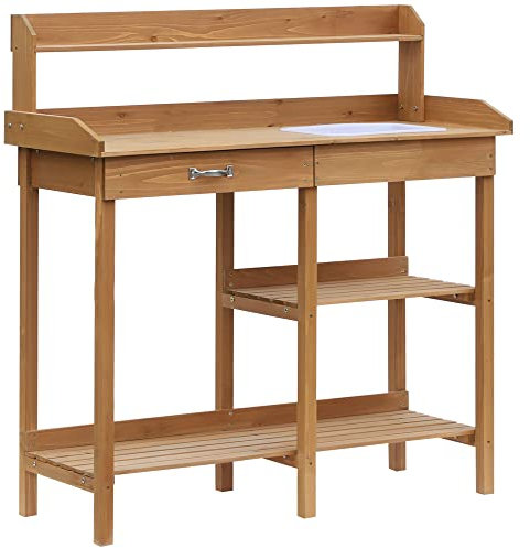 Outsunny Pflanztisch Gärtnertisch Blumentisch mit Wanne Garten Tannenholz Natur 117 x 45 x 121 cm