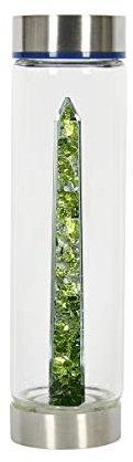 bewater Reusable gem Glass Water Bottle with a Chamber of Sparkling Peridot and Rock Crystal Gemstones at its core | Lead Free Glass | 500ml with a Wide Open Neck and Screw top lid. (bemagic Fresh)