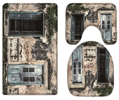 A.Monamour Badezimmer Badematte 3 Teilig Set Landschaft Verlassenen Alten Rock Ziegel Haus Grunge Matte Für Toilettenzubehör Flanell Saugfähig Badteppiche Badvorleger Badgarnitur WC Vorleger