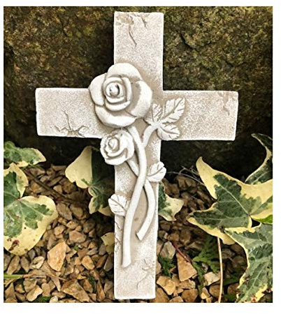 Radami Engel Grabengel oder Kreuz Gedenkstein Grabschmuck Grabdeko Trauerherz für Grabgesteck mit 2 Starren Drähten zum Befestigen oder in die Erde Stecken (Kreuz grau/weiß Draht)
