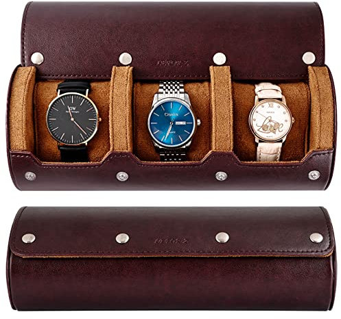 LEFOR·Z Uhrenbox Organizer Uhrenrolle 3 Uhren Uhrenetui für Herren Uhrendisplay Afbewahrungsbox Tragbare Uhrenrolle PU Leder Watch Box(Braun)
