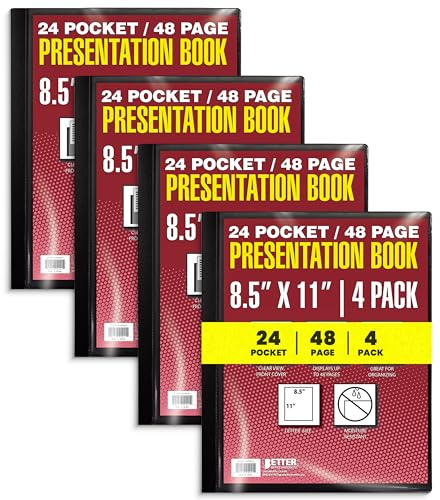 Better Office Products 24 Pocket Bound Presentation Book, Black, Clear View Front Cover, 48 Sheet Protector Pages, 8.5 x 11 Sheets, Art Portfolio, Durable Poly Covers, Letter Size (4 Pack)