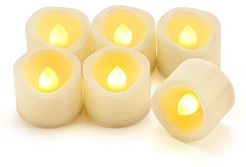 6 Flameless LED Battery Operated Tea Lights with Timer Realistic Flickering Electric Tealight Votive Candles Set Bulk Baptism Wedding Party Decorations Home Decor Centerpieces Batteries Incl.