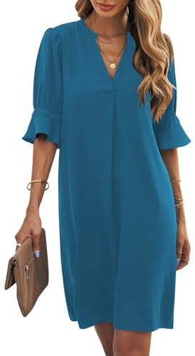 Wkior Womens Summer Ruffle Short Sleeve V Neck Shift Dress,Indigo,XL