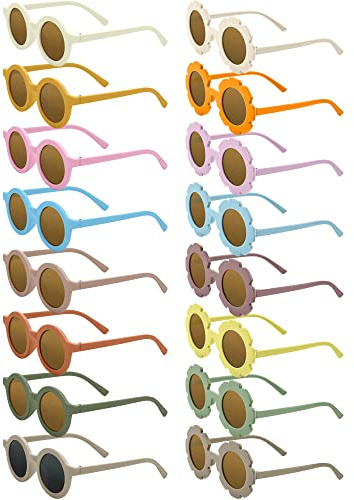 Dunzy 16 Pairs Kids Sunglasses Cute Round Flower Sunglasses groovy party favors for Toddler Girls Boys Beach Party, Aged 3-10(Candy Color)
